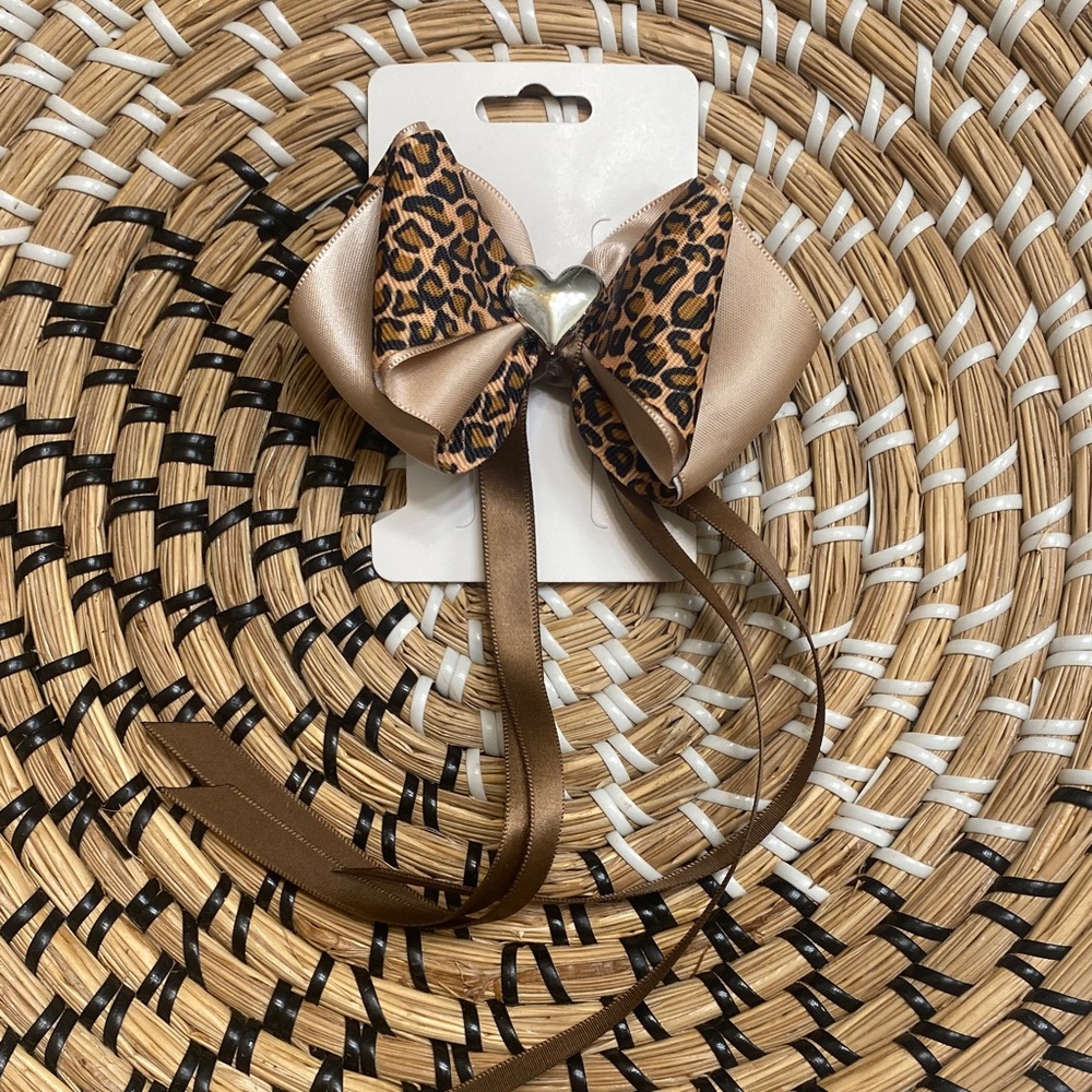 Hand Crafted Leopard Satin Heart Bow Hair Clip